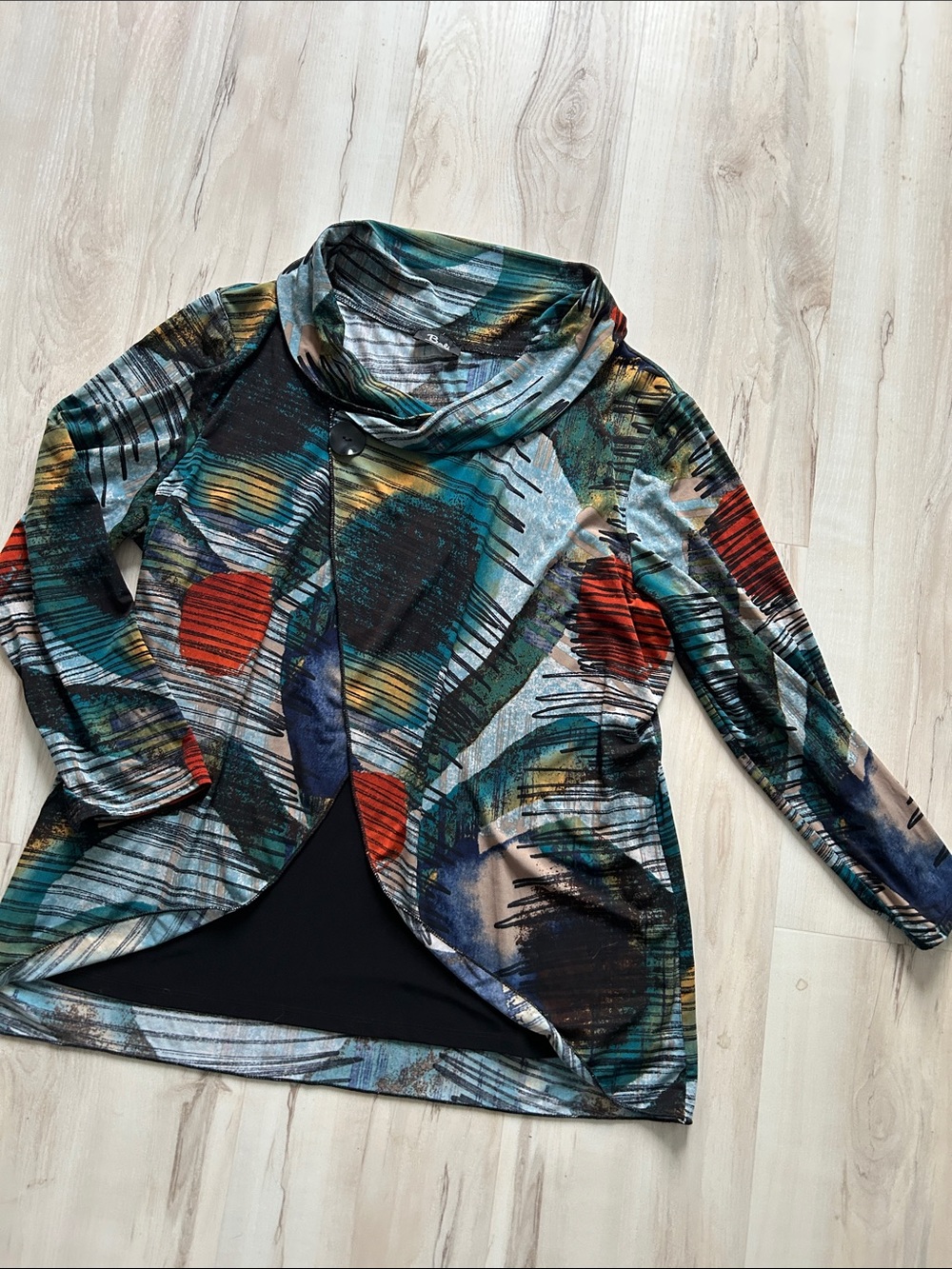 Bali Multicolor Abstract Cowl Neck Sweater - Teal, Red & Navy